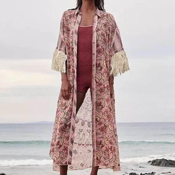 Free People Watching Waves Maxi Shirt in Mauve Combo sz large - Picture 3 of 8